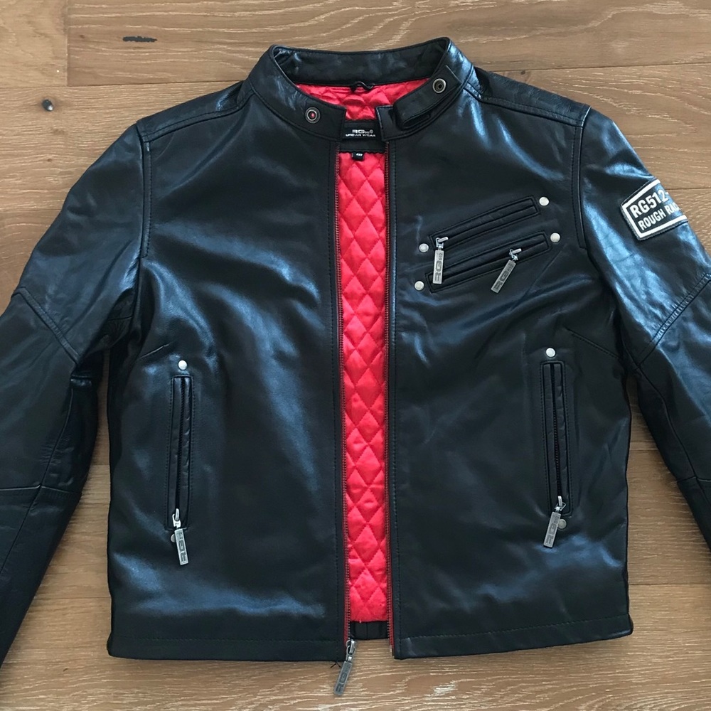 Black Leather Jacket with Red Quilted Lining - Style